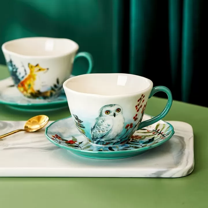 كوب مع صحن من السيراميك سعة 200 مل - البومة