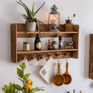 رف قهوة جداري من خشب الصنوبر مع ستة علاقات - أبعاد 40 × 79 × 13 سم