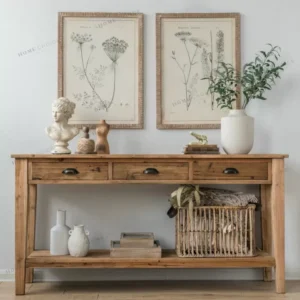 طاولة كونسول خشب صنوبر طبيعي بثلاثة أدراج ورف - أبعاد 80 × 160 × 40 سم