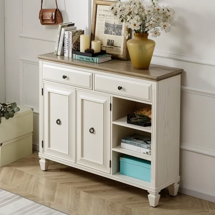 دولاب خشب بثلاثة أرفف مفتوحة ودرجين في الأعلى - مع تخزين للأحذية - ارتفاع 100 سم، طول 120 سم، عمق 3