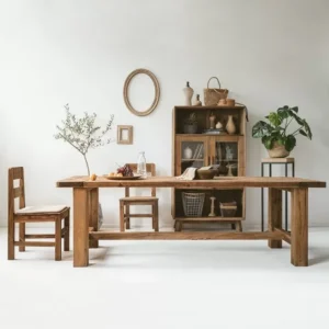 طاولة طعام خشبية من خشب الصنوبر الطبيعي بسطح سميك وأرجل مربعة مع عامود عرضي للثبات