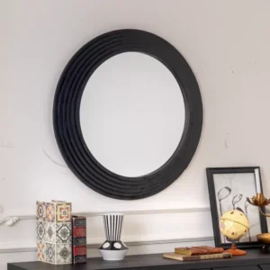 مرايا جدارية دائرية بإطار خشبي أسود – 78×78 سم