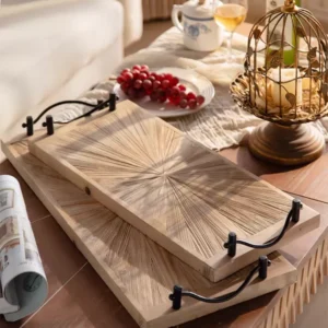 طقم صواني تقديم خشب طبيعي بمسكات حديد بطابع ريفي - مقاس الكبير 60x26 سم