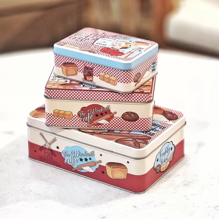 طقم علب معدنية مستطيل (3 قطع) برسومات السبعينات وألوان الباستيل