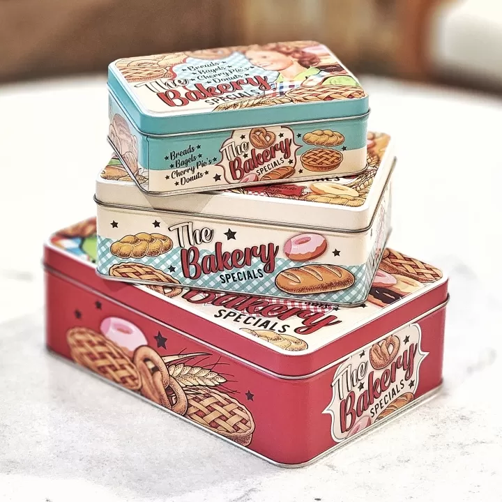 طقم علب معدنية مستطيل (3 قطع) برسومات السبعينات وألوان الباستيل