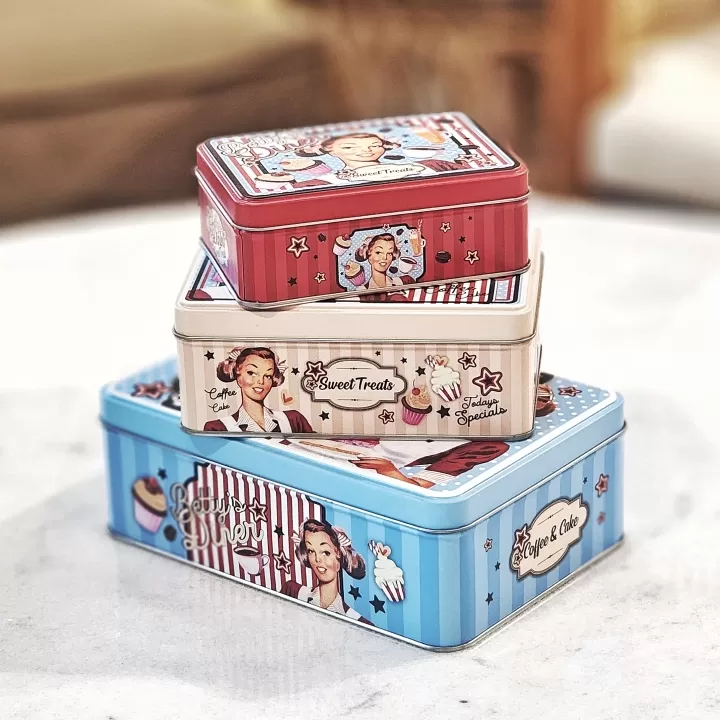 طقم علب معدنية مستطيل (3 قطع) برسومات السبعينات وألوان الباستيل