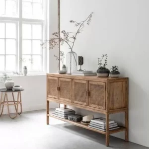 طاولة كونسول ريفي من خشب الصنوبر و الراتان الطبيعي