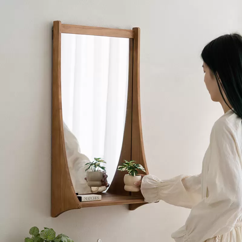 مرايا مستطيلة للمداخل بإطار خشب طبيعي مع رف سفلي عملي – تصميم أنيق ومتين