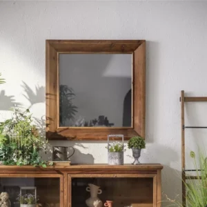 مرآة خشبية مربعة بتصميم ريفي طبيعي للمداخل – إطار خشب طبيعي أنيق 80x80 سم