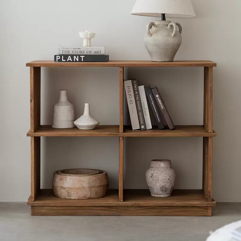 مدخل كونسول خشب طبيعي بتصميم ريفي بأربع خانات مفتوحة – طاولة مدخل أنيقة للممرات والمداخل