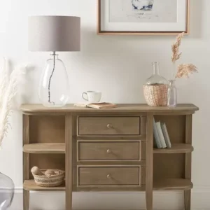 مدخل كونسول خشبي بتصميم أنيق مع أدراج ورفوف جانبية – تصميم عصري بطابع عملي