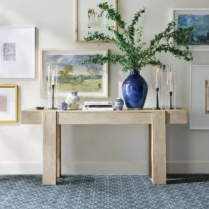 كونسول خشبي طبيعي بدرج تخزين مخفي – تصميم ريفي أنيق باللون الأبيض