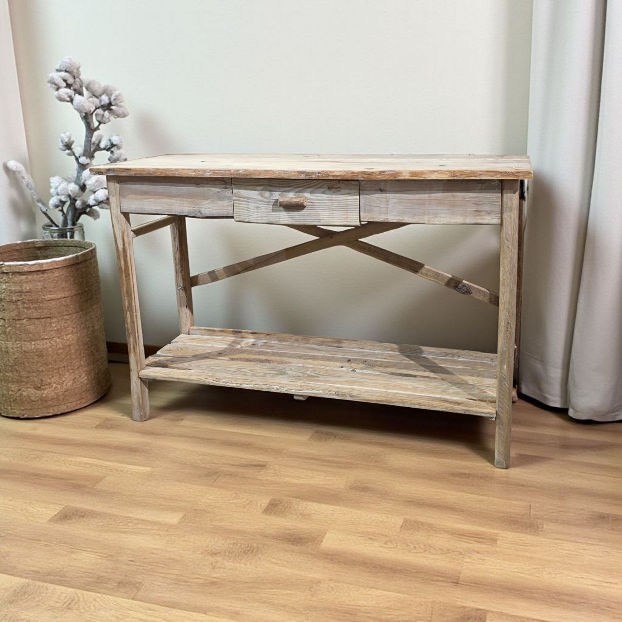 كونسول خشبي طبيعي بتصميم ريفي مع درج تخزين ورف سفلي