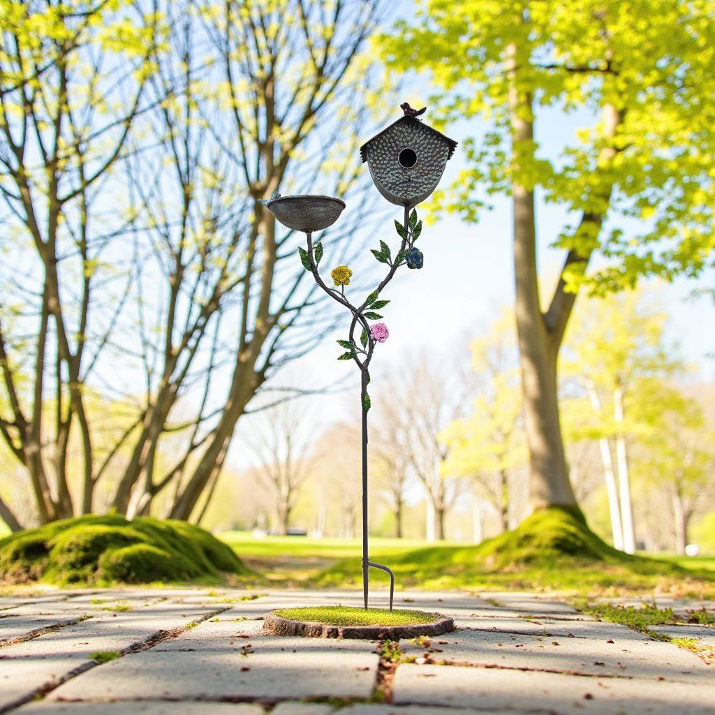 غرسة حديد بعامود مع عش عصافير ووعاء حبوب أو ماء للحديقة – تصميم زخرفي أنيق